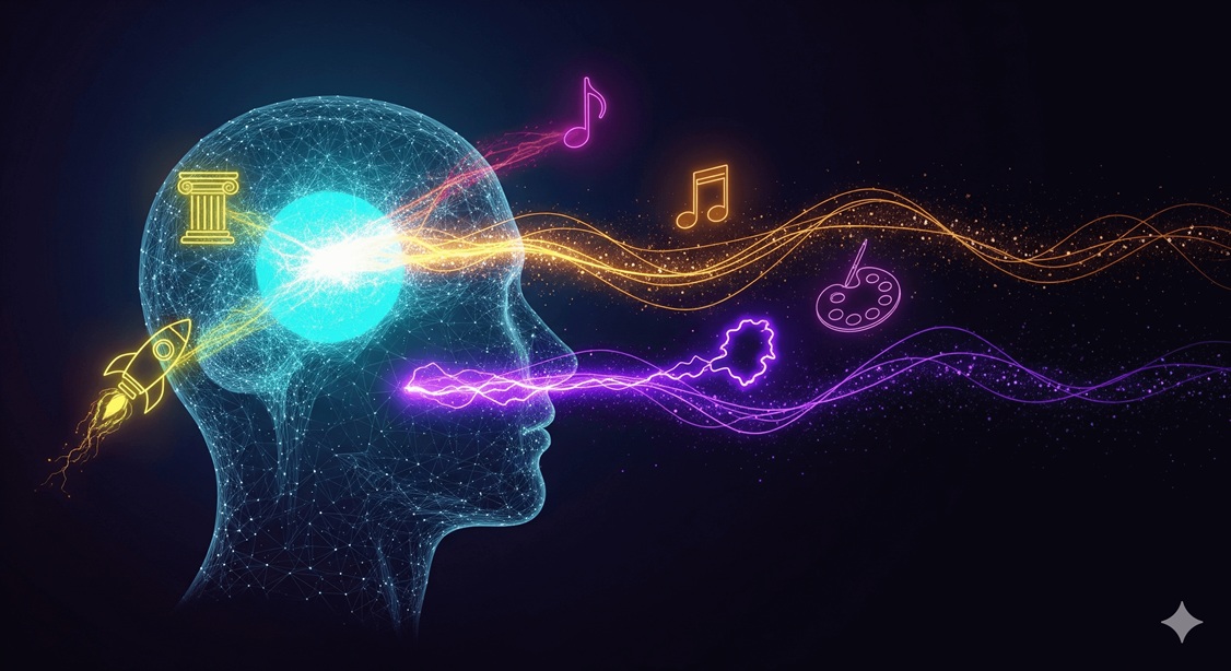 An abstract, vibrant image representing personalized AI-driven learning, with a silhouette of a human head made of glowing neural networks and icons of various passions flowing inwards.